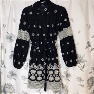 Stera Black Embroidered Crochet Shirtdress w/ tie